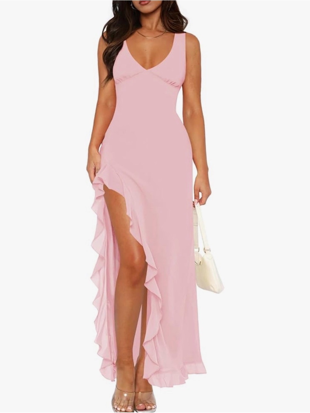 Sleeveless Pink Ruffle High-Slit Maxi Dress